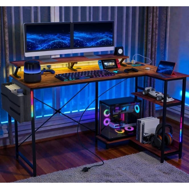 Reversible L Shaped Computer Desk with Power Outlets and LED Lights, Corner Desk with Monitor Stand and CPU Shelf