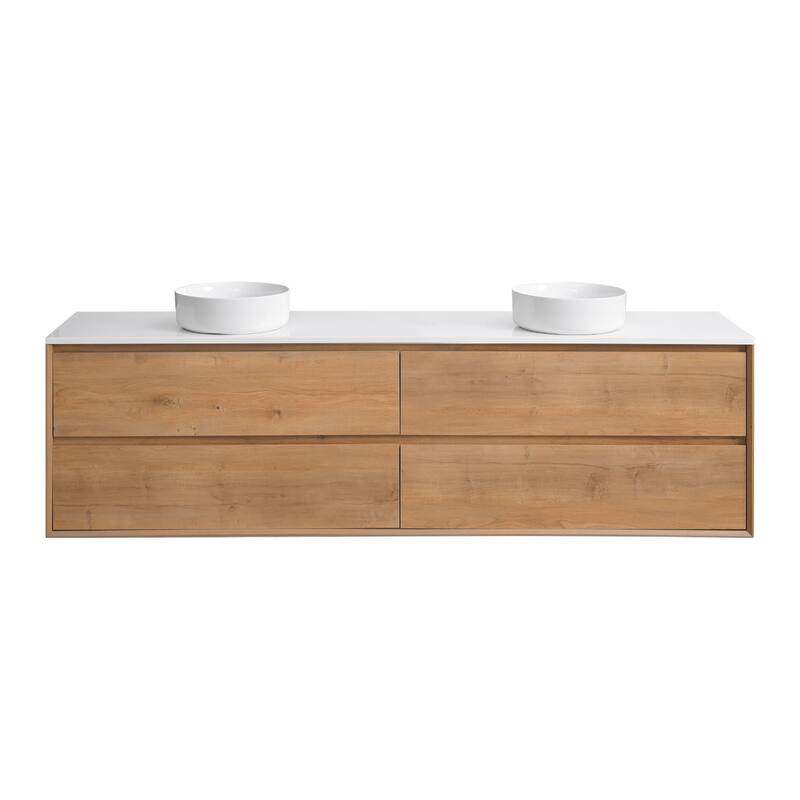 Sylphar 84 inch Toffee Oak Floating Bathroom Vanity with White Quartz Top - Round Sink Style