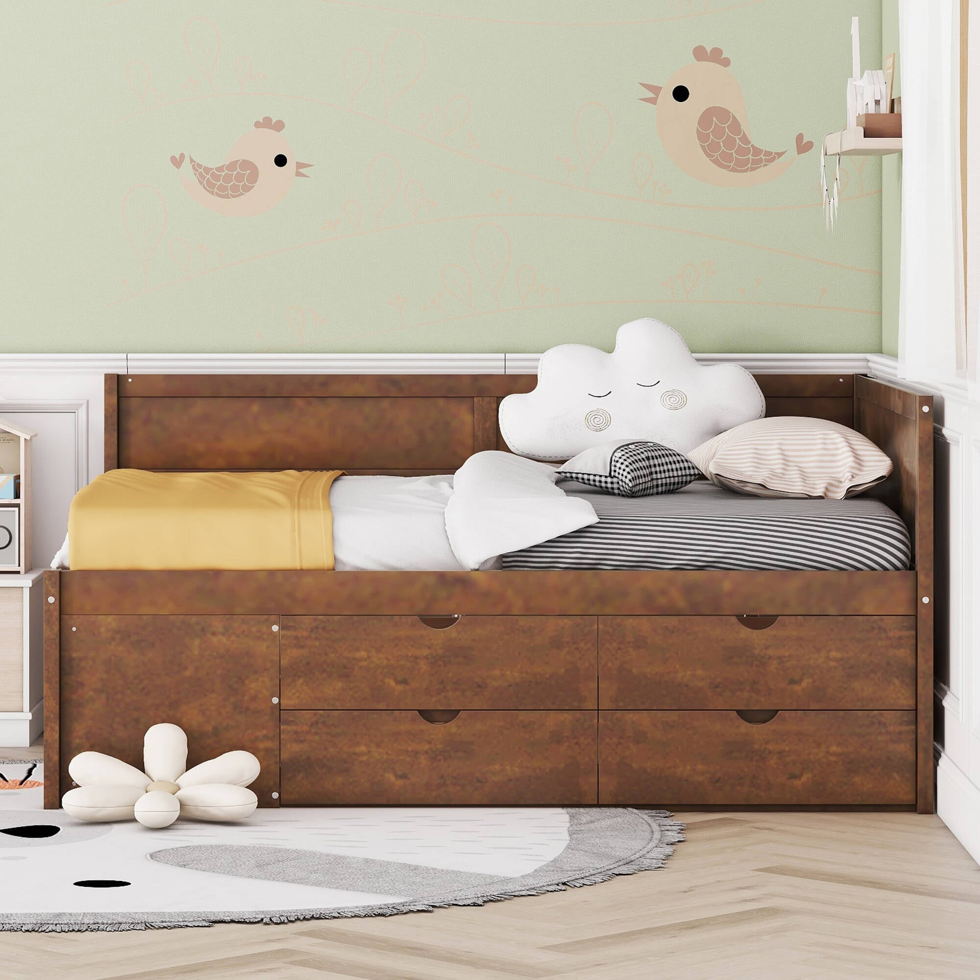 Wooden Storage Daybed with Drawers and Shelves