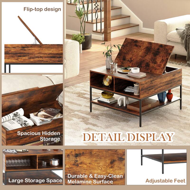 Modern Flip-Top Coffee Table‌ – Dark Walnut & Black Metal Frame, 31.5" Lift-Top with Hidden Storage, Easy Assembly