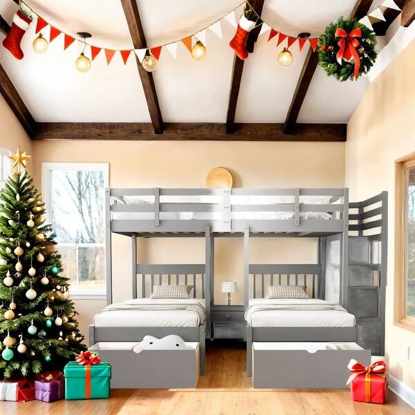 slide 2 of 18, Reliable Safety Design Full Over Twin & Twin Bunk Bed, Wood Triple Bunk Bed with Drawers and Guardrails Gray