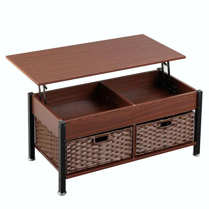 Metal Coffee Table with Lifting Top and Hidden Storage Space, Removable Wicker Baskets