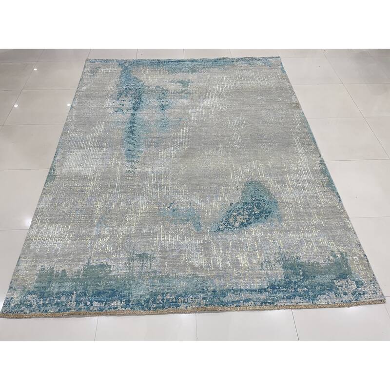 Hand-knotted Wool GREY / AQUA Transitional Abstract Area Rug