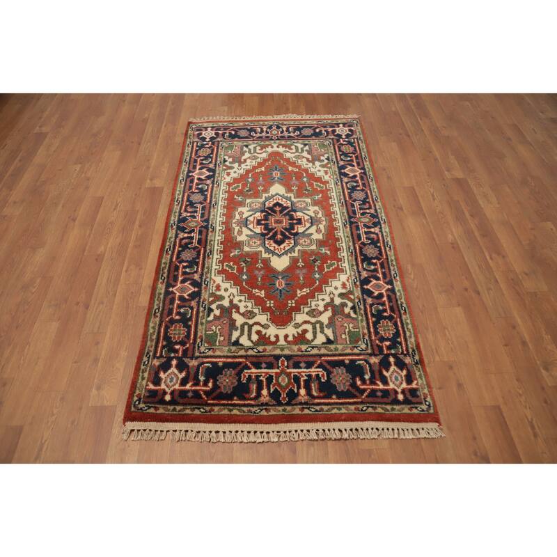 Hand Knotted Oriental 100% Wool Carpet Traditional Medallion Oranges & Rust Heriz (serapi) Area Rug - 5' 3'' X 2' 10''