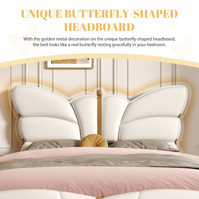 Bedroom Platform Bed Frame with Butterfly-Shaped Headboard, PU Leather Upholstered Bed with Gold Accents