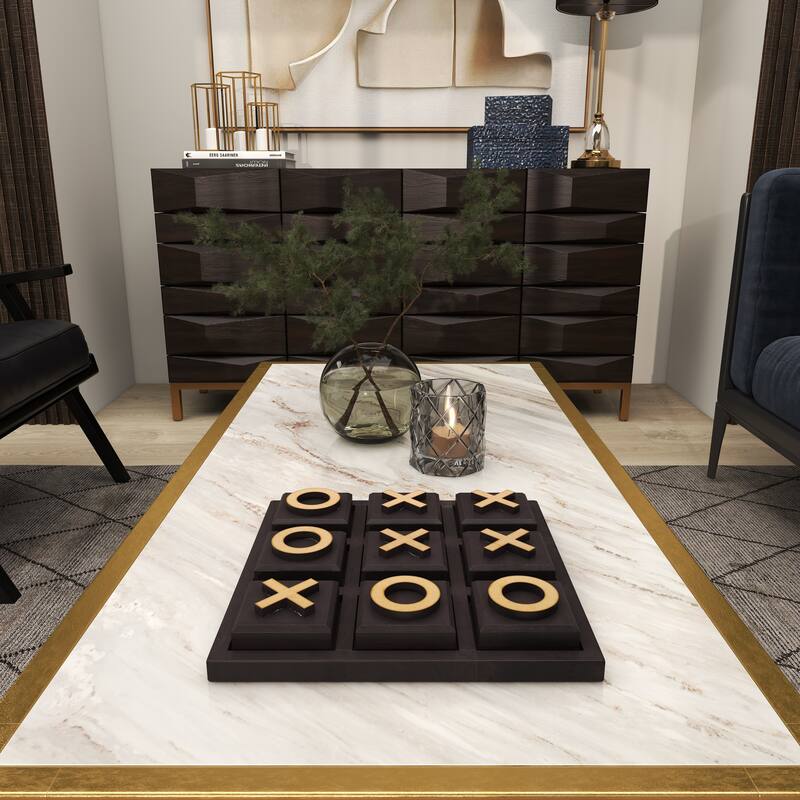 Wooden Tic Tac Toe Block Game Set with Steel or Light Wood Pieces - Black, Dark Brown, Gold - Roche River Decor