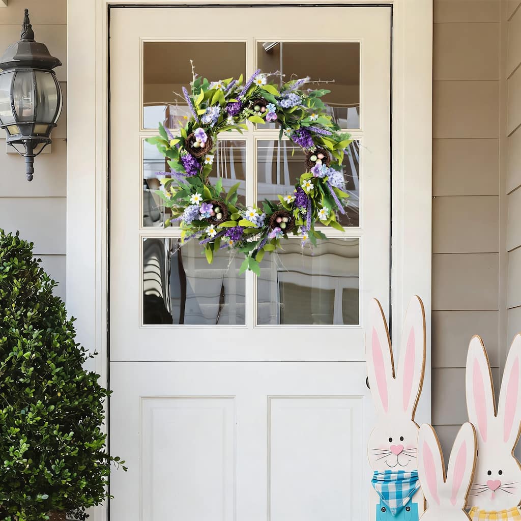 Glitzhome 28"H Easter Egg & Lavender Wreath Teardrop Swag Door Hanger