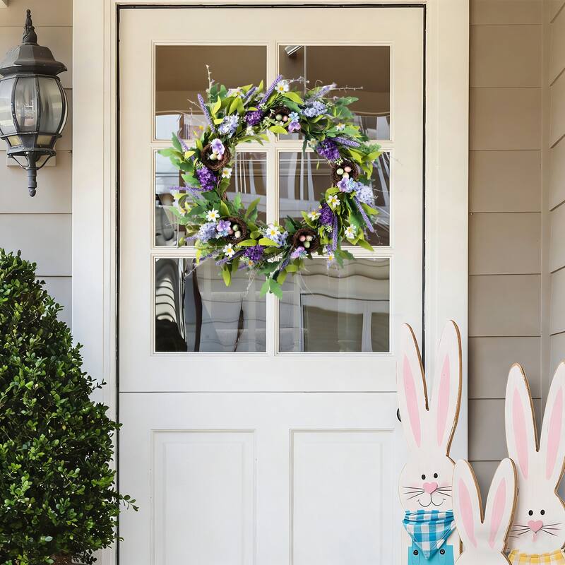 Glitzhome Easter Wreath with Eggs Lavender Bird Nest for Front Door Wall Window Holiday Decoration - Lavender & Bird Nest