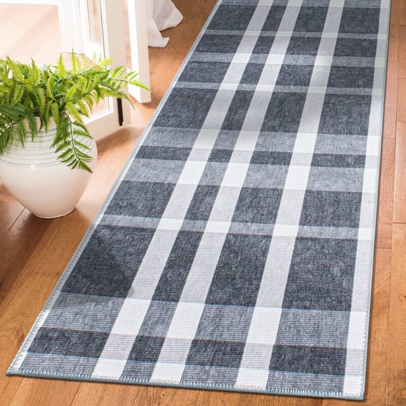 Contemporary Modern Plaid Machine Washable Area Rug - 2'6" x 10' Runner
