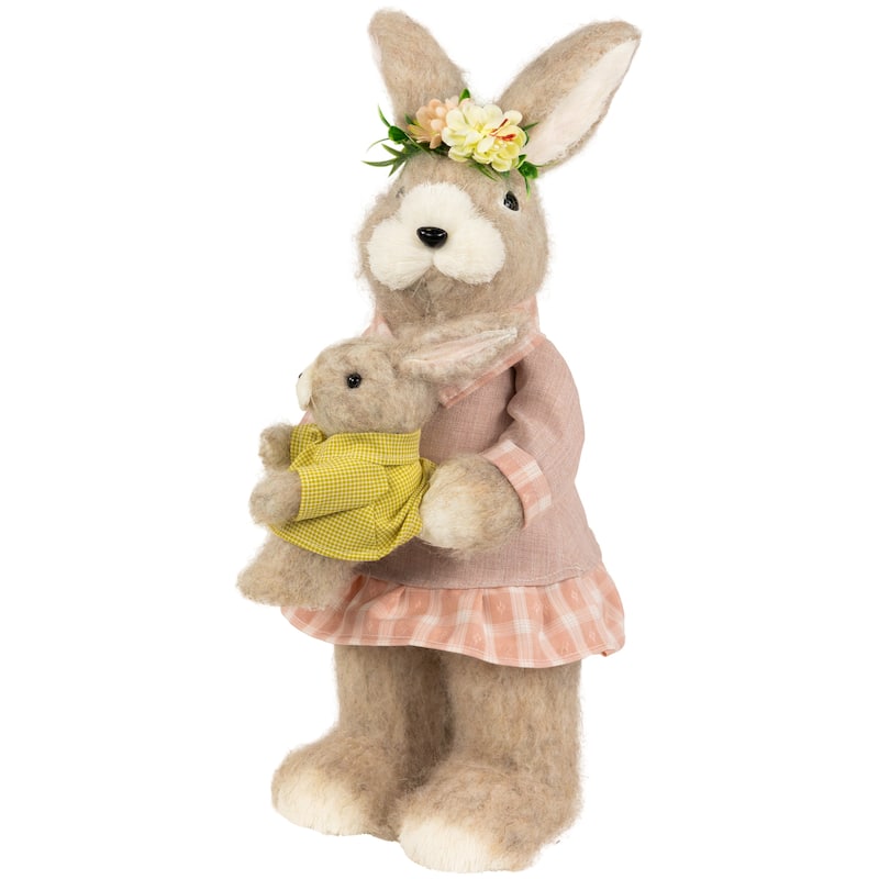 Mother Rabbit with Baby Bunny Easter Figure - 14.5" - Brown and Rose Pink