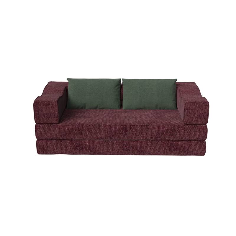 80" Convertible Sofa Bed with 2 Pillows, 2-Seat Folding Floor Couch, Multifunctional Chenille Loveseat Living Room Sleeper Sofa