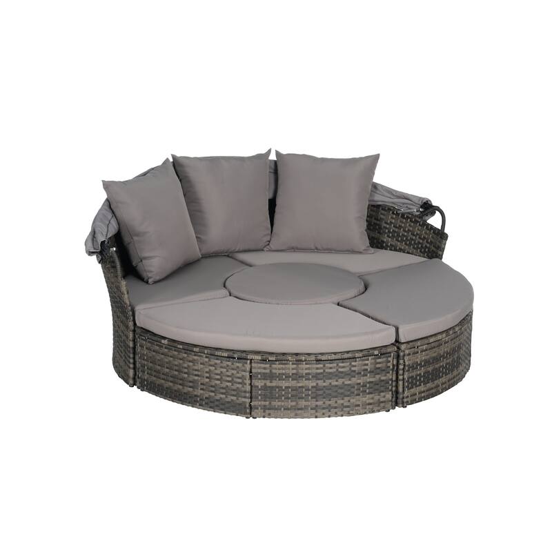5-Piece Outdoor Patio Conversation Set Wicker Daybed Set with Canopy, Storable Table&Soft Cushions