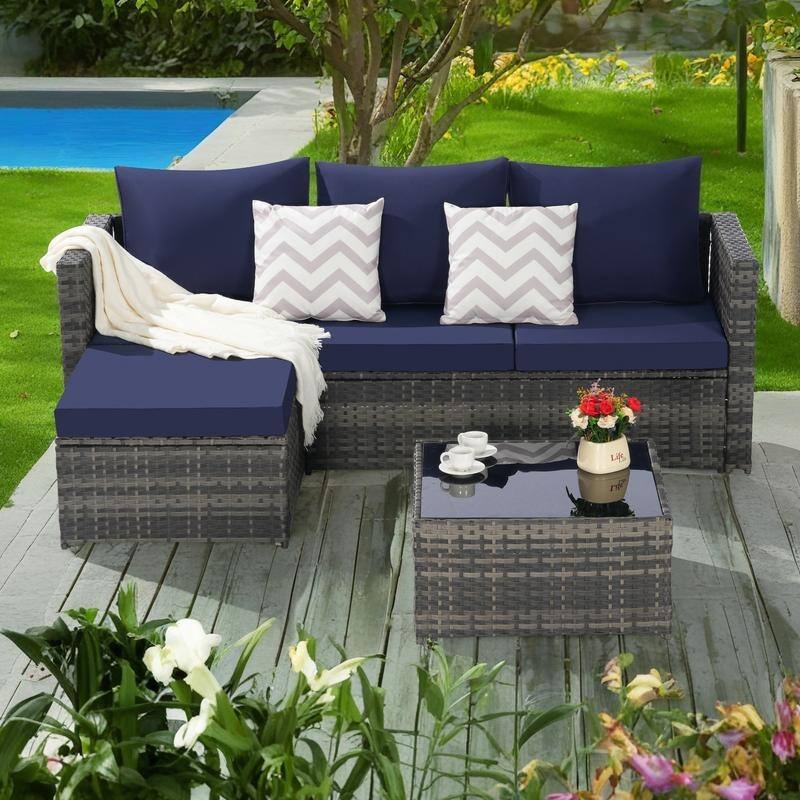 2-Pieces Outdoor Patio L-Shaped Sectional Sofa Set with Glass Coffee Table - Dark Blue