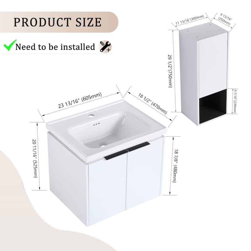 24" Wall-Mounted Bathroom Vanity With Ceramic Sink