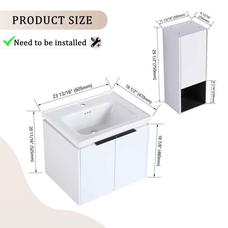 24" Wall-Mounted Bathroom Vanity with Ceramic Sink and Soft-Close Doors, Side Cabinet for Extra Storage