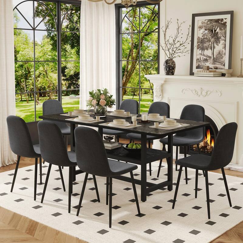 9-Piece Spliced Dining Table Set with Storage, 71x35.4 Inch Table & 8 High-Resilience Fabric Chairs
