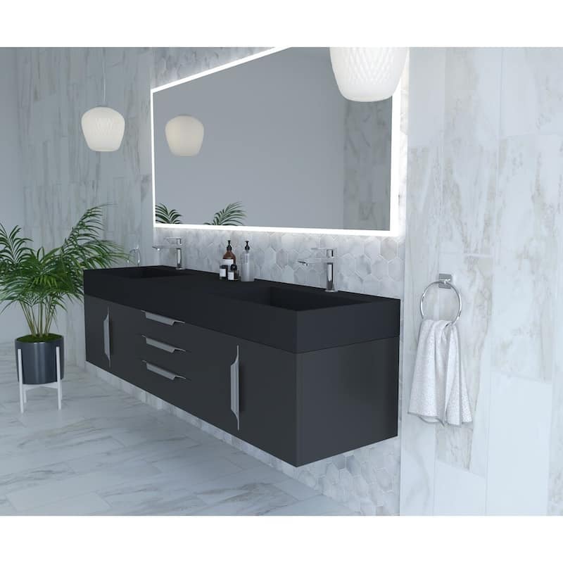 Amazon 72" Wall Mounted Bathroom Vanity Set w/ Black Top