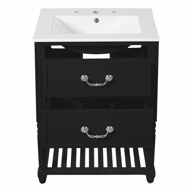 24'' Vintage Bathroom Vanity with Ceramic Sink, Freestanding Cabinet with 2 Drawers, Open Shelf
