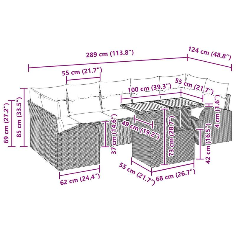 vidaXL 8 Piece Garden Sofa Set with Cushions - 113.8×48.8×27.2