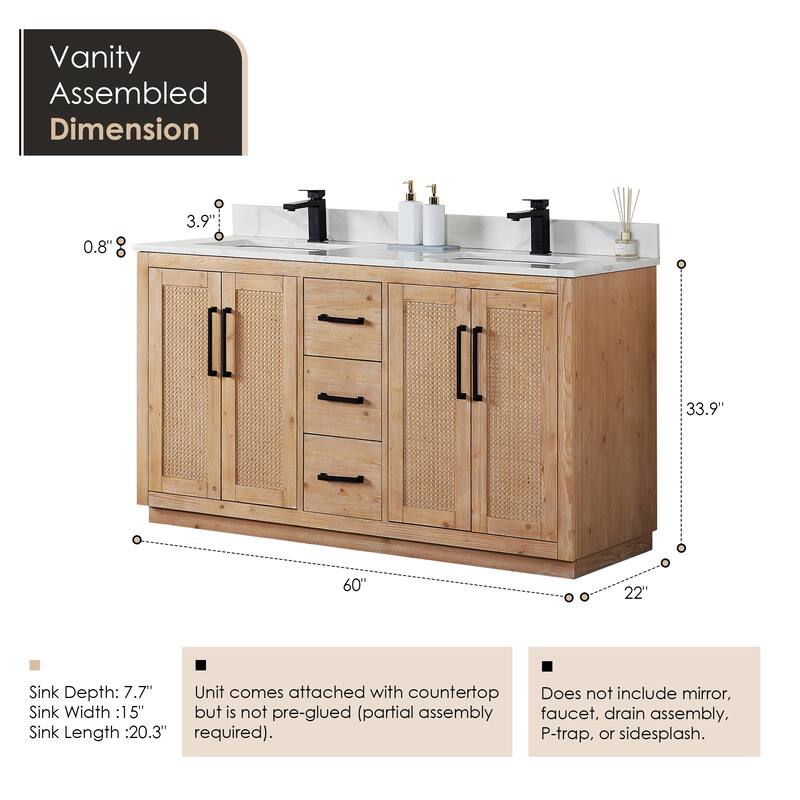 Floral Single Bathroom Vanity in Light Brown with Calacatta White Quartz Countertop without Mirror