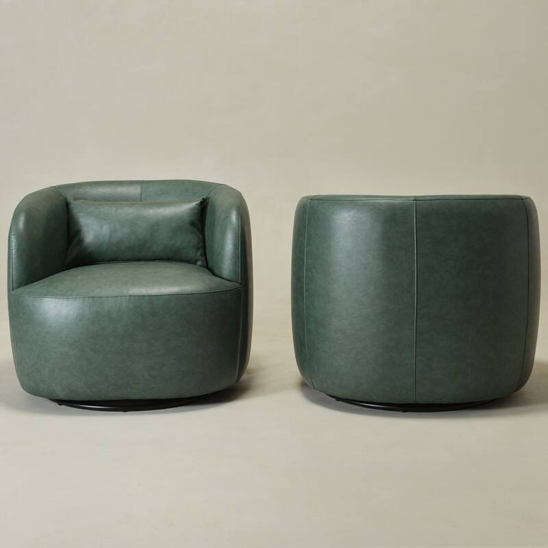 KINWELL 34" Wide Swivel Faux Leather Barrel Armchair Upholstered PU Leather Accent Chairs for Living Room Office Lounge