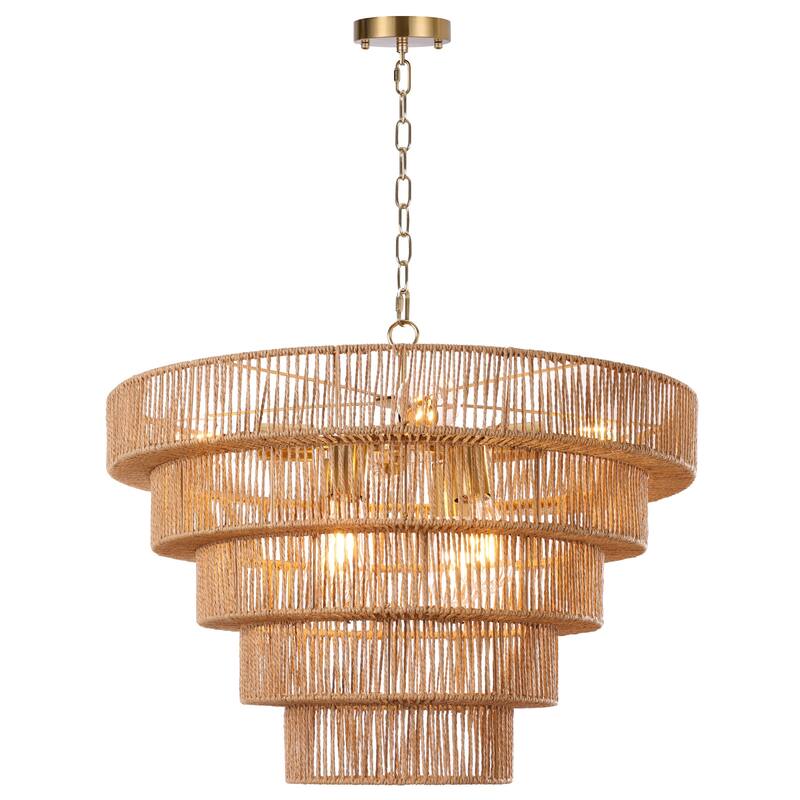 Dimmable 8-Light Hand-Woven Rattan Tiered Chandelier - Brown