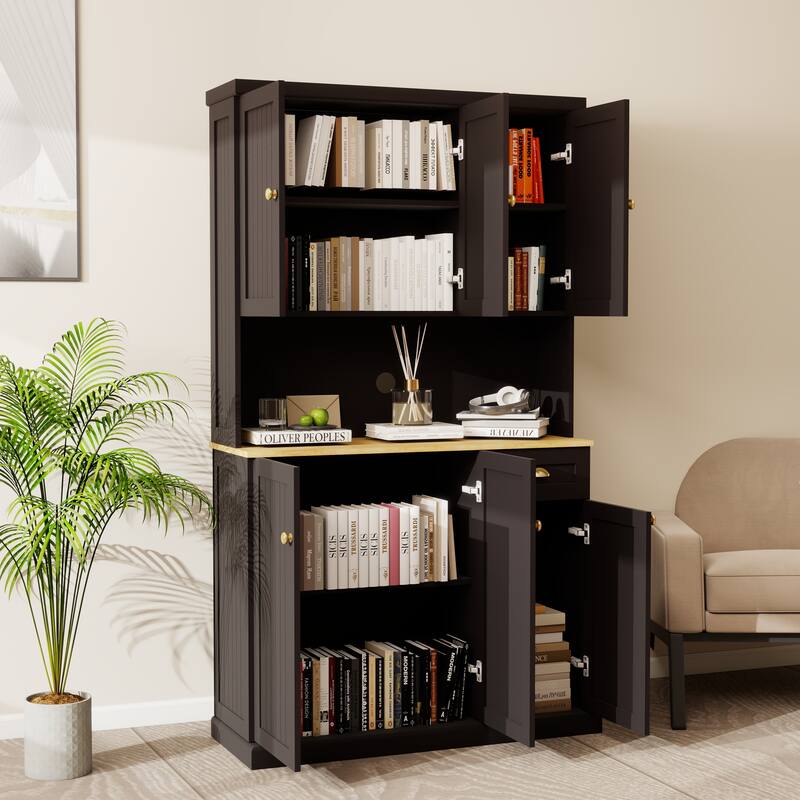 Kitchen Pantry with Microwave Oven Countertop, Hutch Cabinet with Adjustable Shelves, Storage Cabinet with 6 Doors and 1 Drawer