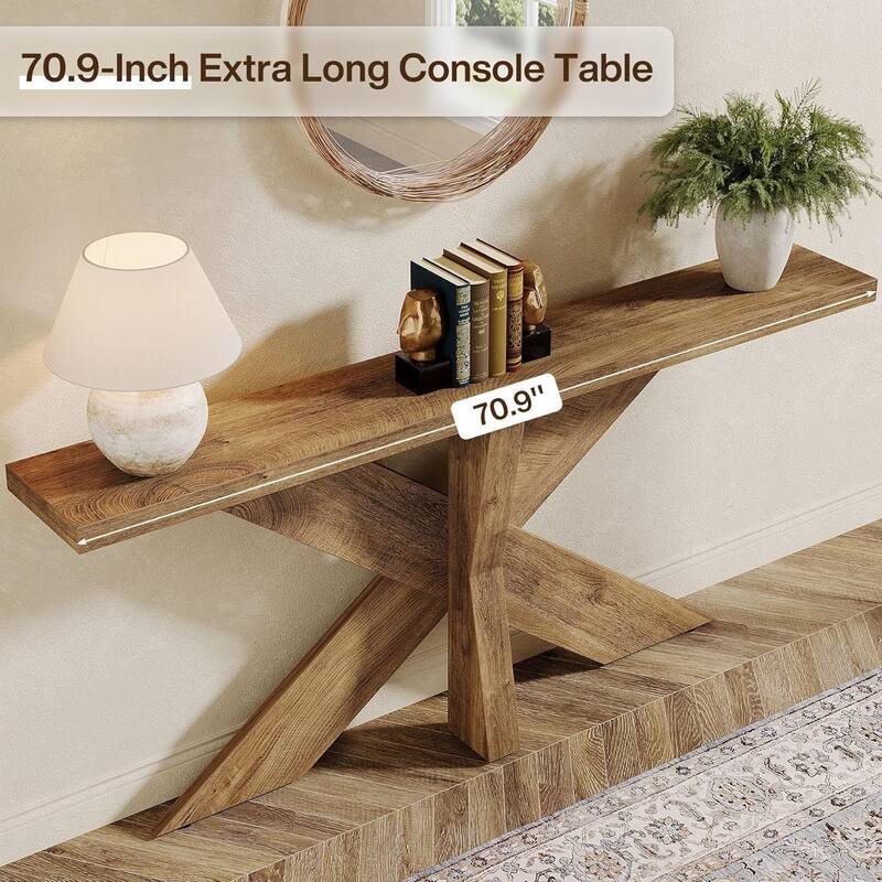 70.9" Oak Brown Farmhouse Console Table with Geometric Base, Long Sofa Table for Entryway or Hallway