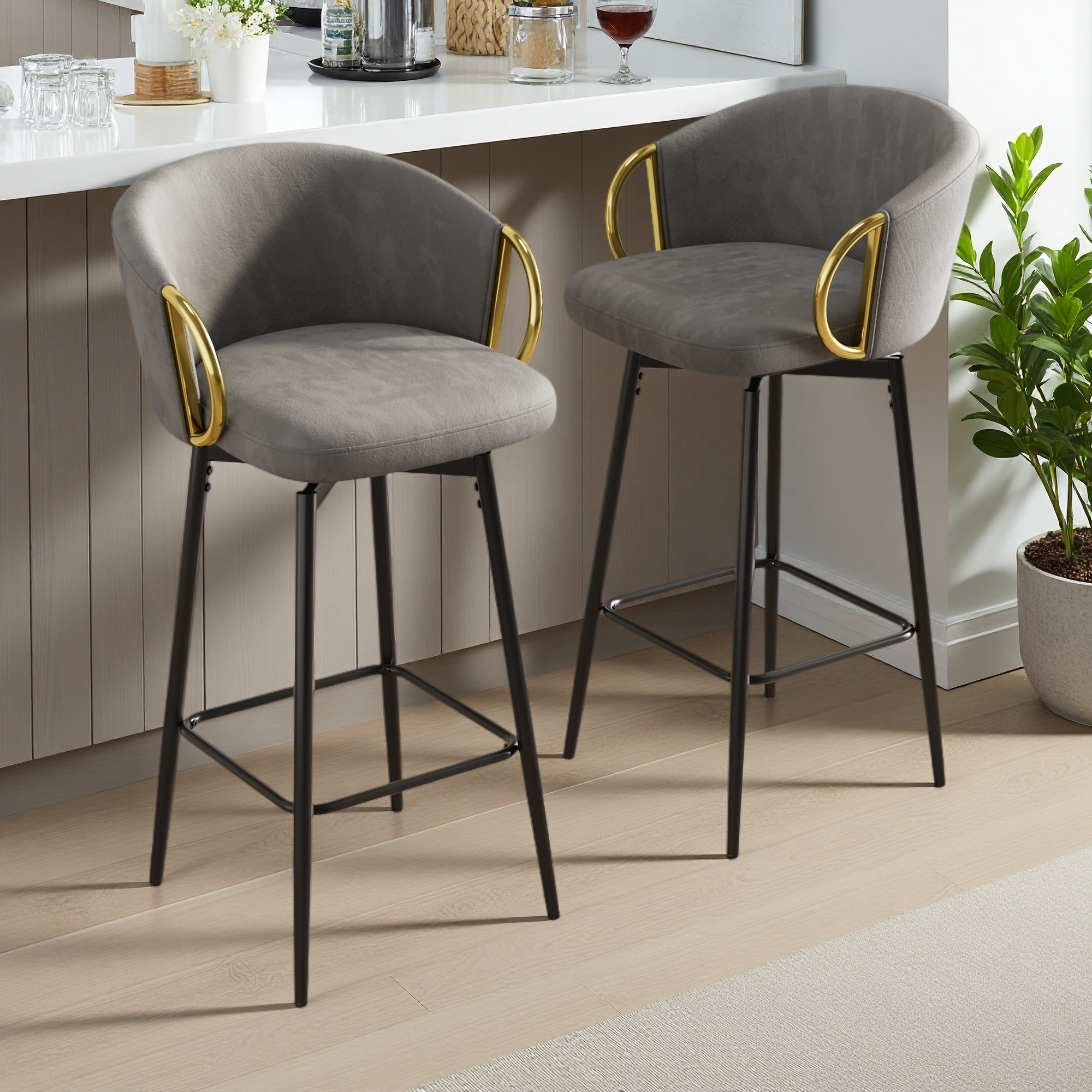 Velvet Swivel Bar Chairs Set of 2 with Metal Legs
