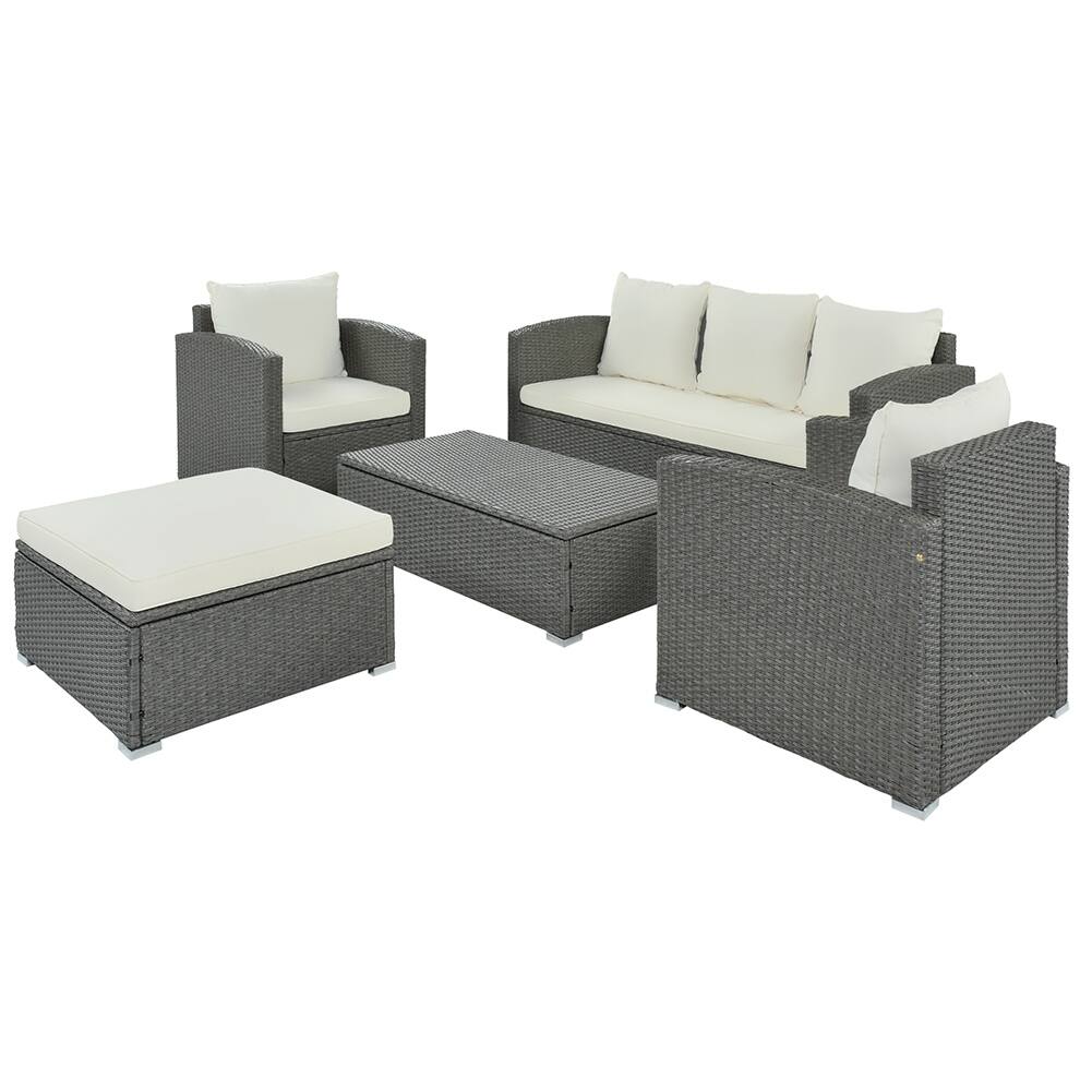Outdoor 5-Piece Wicker Sectional Sofa Set with Table and Ottoman