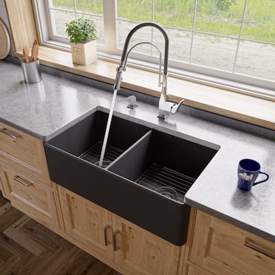 Black Matte Reversible Apron 33" x 18" Double Bowl Fireclay Farm Sink