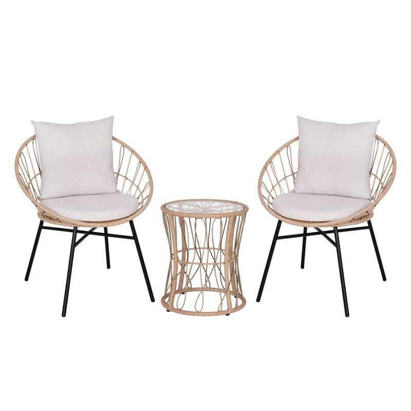 Indoor/Outdoor Rattan Rope Bistro Set, Glass Top Table & Cushions