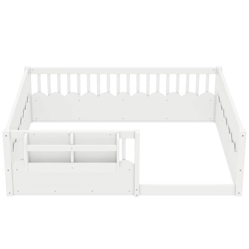 Montessori Floor Bed Kids Bed Frame with Heightened Fence and Bookshelf, Wavy Decoration Wood Platform Bed, No Slats Design