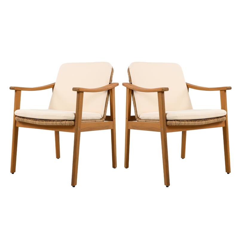 Teak Acacia Wood Outdoor Dining Chairs Set of 2 - PE Wicker & Waterproof Cushions - All-Weather Patio, Deck, Backyard Furniture