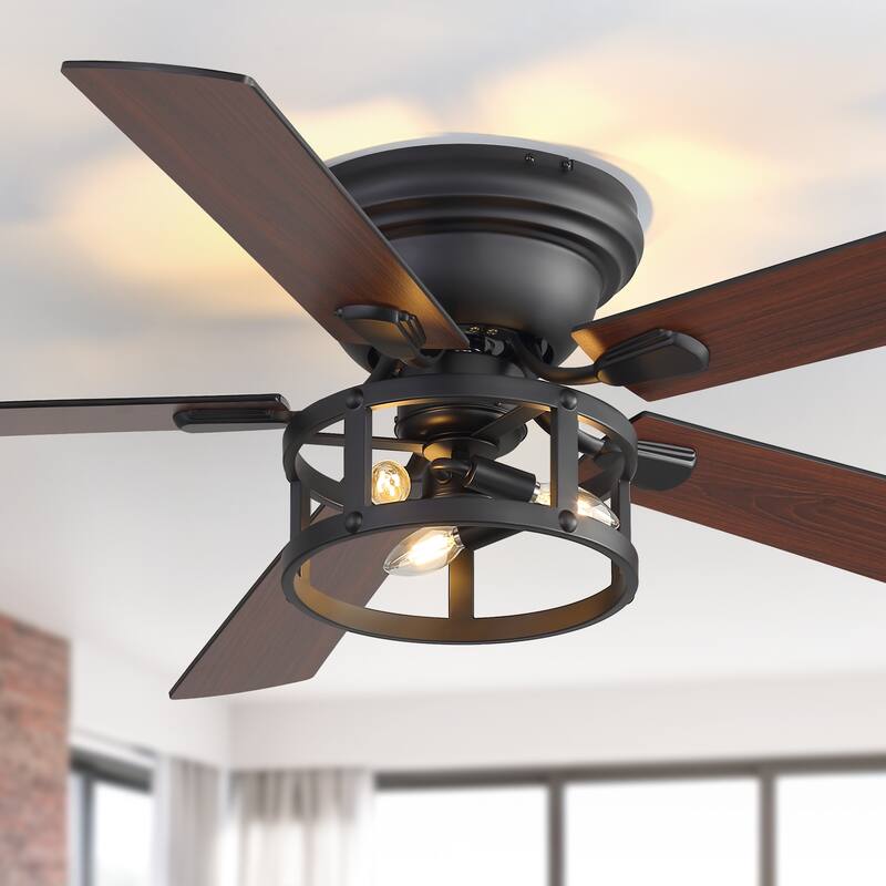 52-inch Flush Mount Caged Ceiling Fan with Light and Remote(5 Reversible Blades) - Black with Geometric Cage