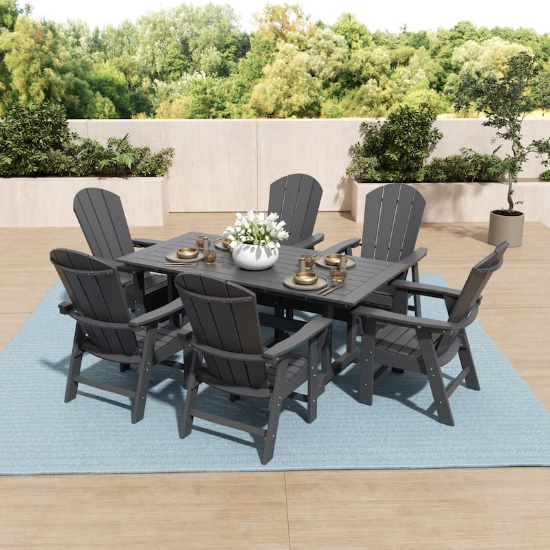 Laguna Hdpe All Weather Outdoor Patio Rectangular Adirondack Dining Chairs With Table (7-Piece Set) - Gray
