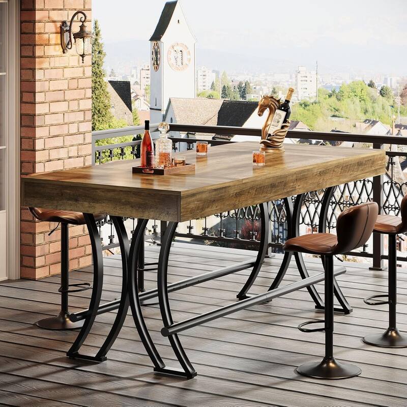 63" Counter Height Bar Table with Metal Footrest, Rectangular Hightop Pub Table - 62.99"L x 27.56"W x 35.43"H