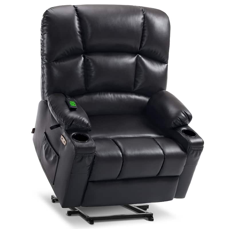 MCombo Large-Wide Lay Flat Dual Motor Power Lift Recliner Chair Sofa with Massage and Heat, Faux Leather R7688 - Black