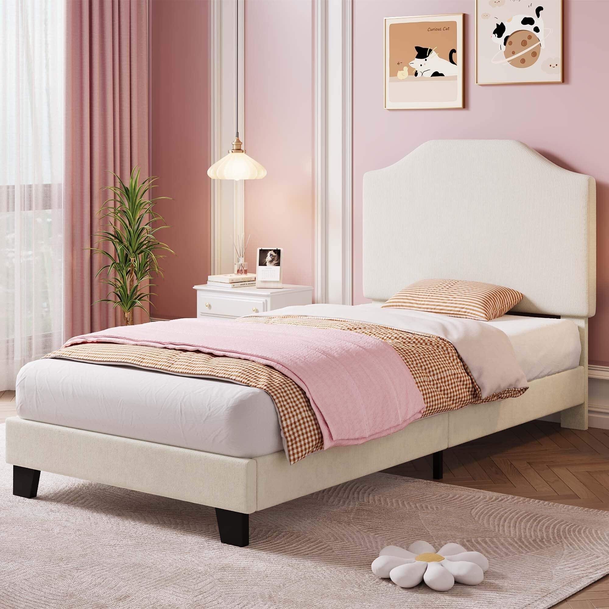 Twin Size Velvet Bed Frame, Corduroy Upholstered Twin Bed Frames Platform with Adjustable Headboard