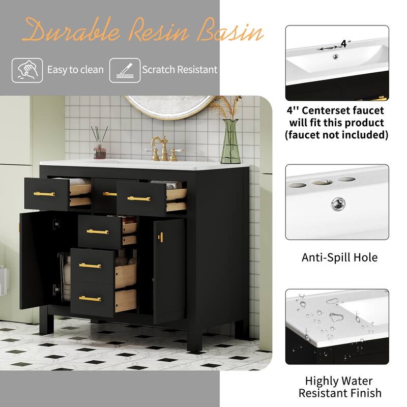 36'' Storage Cabinet for Bathroom Vanity with Ceramic Sink, 4 Drawers, 2 Cabinets and Gold Metal Handles, Freestanding Cabinet