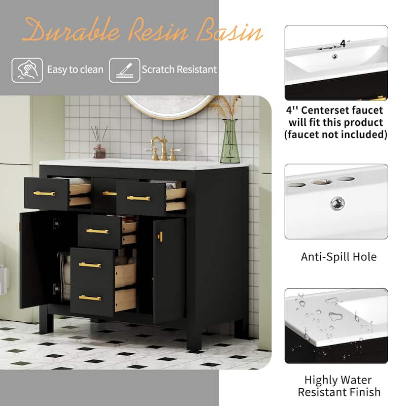 Roomfitters 36" Vanity with Ceramic Sink, Solid Wood Freestanding Cabinet with 4 Drawers and 2 Doors, Storage Unit for Bathroom