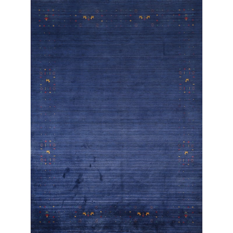Royal Blue Striped Gabbeh Oriental Area Rug Handmade Silk Carpet - 7'8"x 9'5"