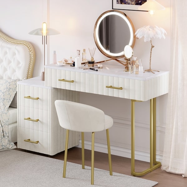 Vanity Desk Chair Set, Wood Makeup Table with 5 Large Drawers, Modern Dressing  Table for Bedroom and Beauty Room - Bed Bath & Beyond - 43010488