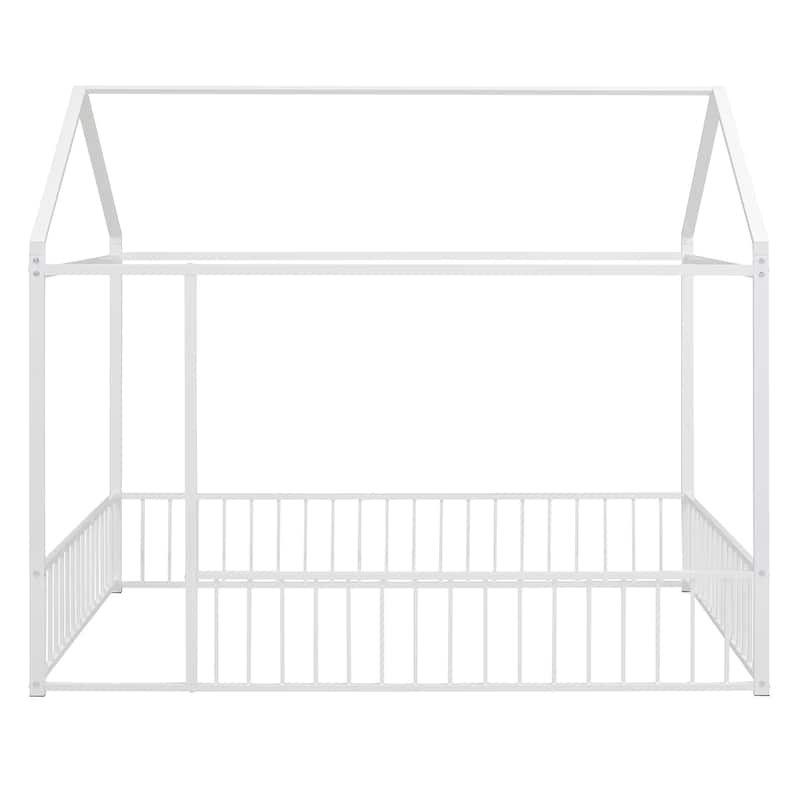 Kids Playhouse Bed, Metal House Bed Frame with Roof & Fence, Floor Bed for Kids Gilrs Boys