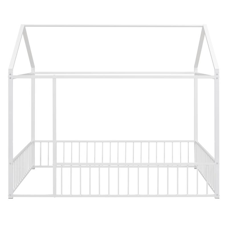 Kids' Twin/Full Metal House Bed Frame with Roof and Fence, Playful Sleep and Play Space, Sturdy Frame, Multiple Colors