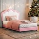 preview thumbnail 1 of 1, Twin Size Upholstered Princess Bed with Crown Headboard, Platform Bed with Headboard and Footboard, White+Pink White