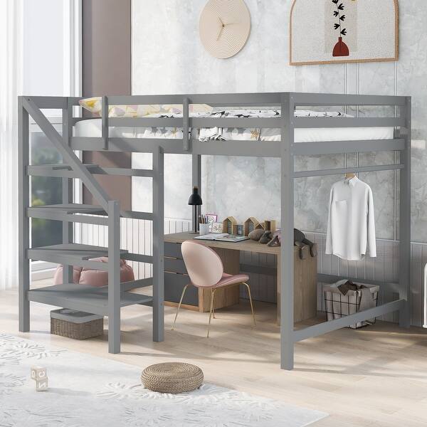 slide 2 of 18, Full Size Loft Bed with Built-in Storage Staircase, Side Clothes Hangers and Safety Rail, Solid Wood Slats Support Grey