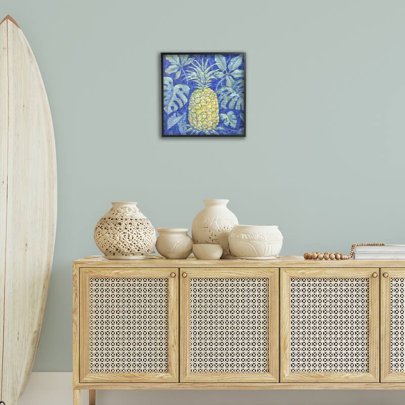 Stupell Tropical Pineapple on Blue Framed Giclee Art Design By Paul Brent