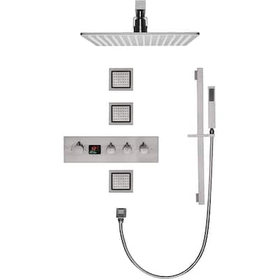 16" Rainfall Digital Thermostatic Shower Faucet Set w/ Body Jets, Slide Bar -Brushed Nickel - Brushed Nickel