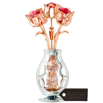 Matashi Rose Gold and Chrome Plated Flowers Bouquet and Vase w/ Red & Clear Matashi Crystals | Table Top Decorations